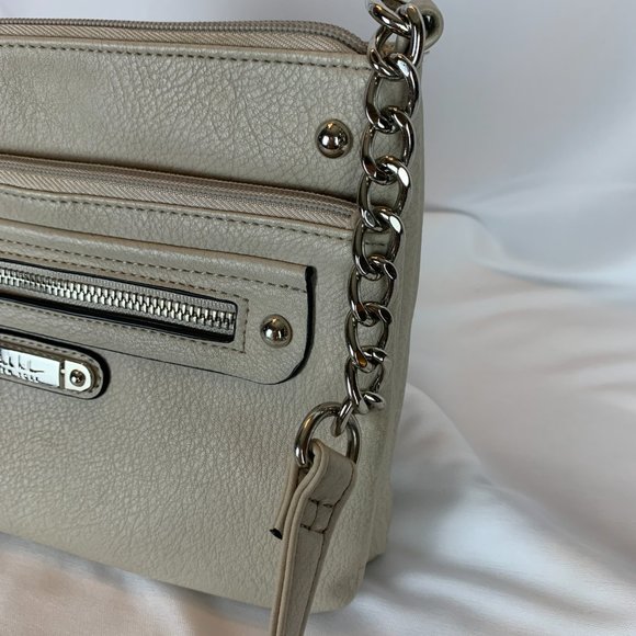 Nicole by Nicole Miller Handbag Crossbody Purse Beige Multi Zippers Adjust Strap - Picture 6 of 16
